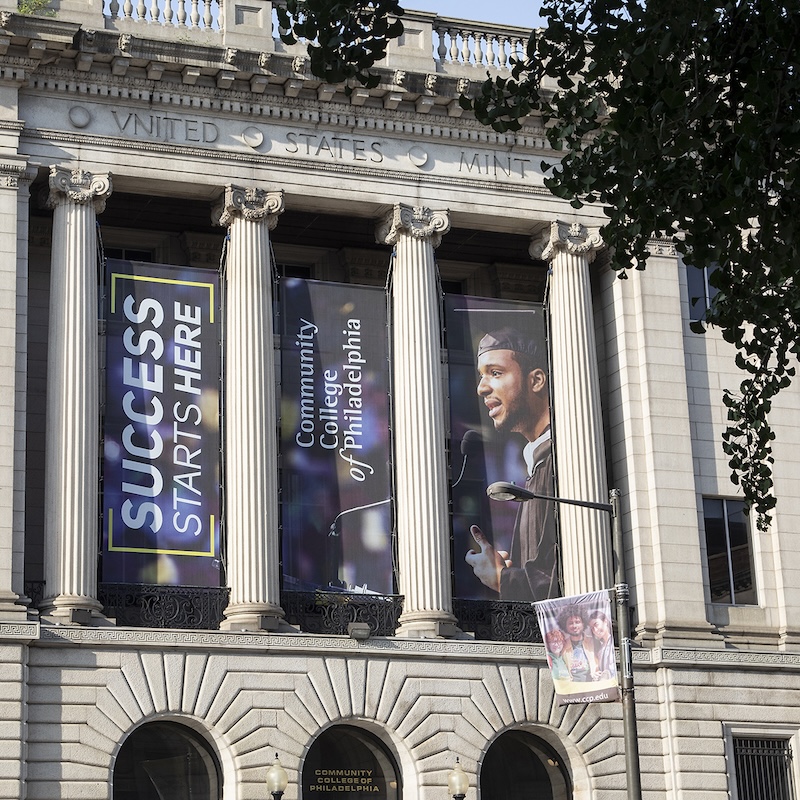 A beautiful stone building on the Community College of Philadelphia campus