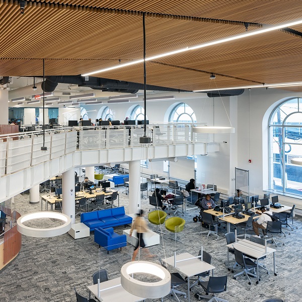 A stunning open atrium with a wood ceiling at the Learning Lab at the Community College of Philadelphia