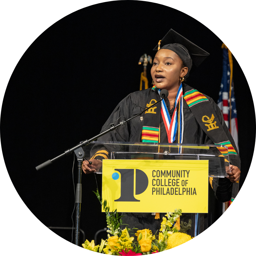image of Fatoumata Sacko '25 scholarship recipient speaking at 2025 commencement