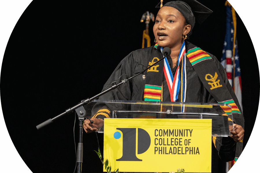 image of Fatoumata Sacko '25 scholarship recipient speaking at 2025 commencement
